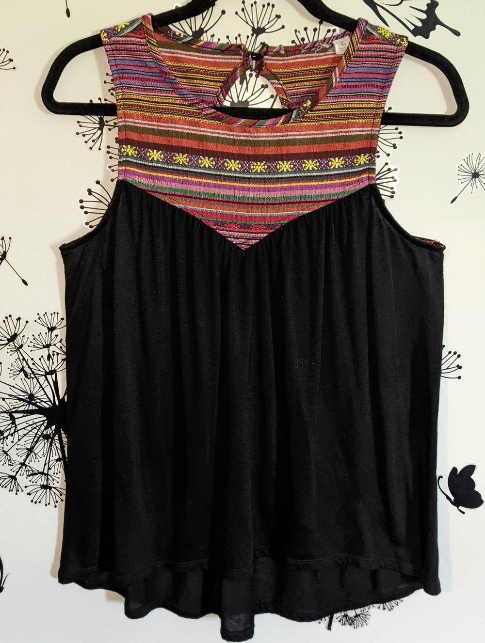 Sleeveless Black Top with Multicolor Stripe Yoke